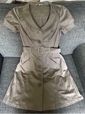Belted Short-Sleeve Shirt Mini Dress in Taupe